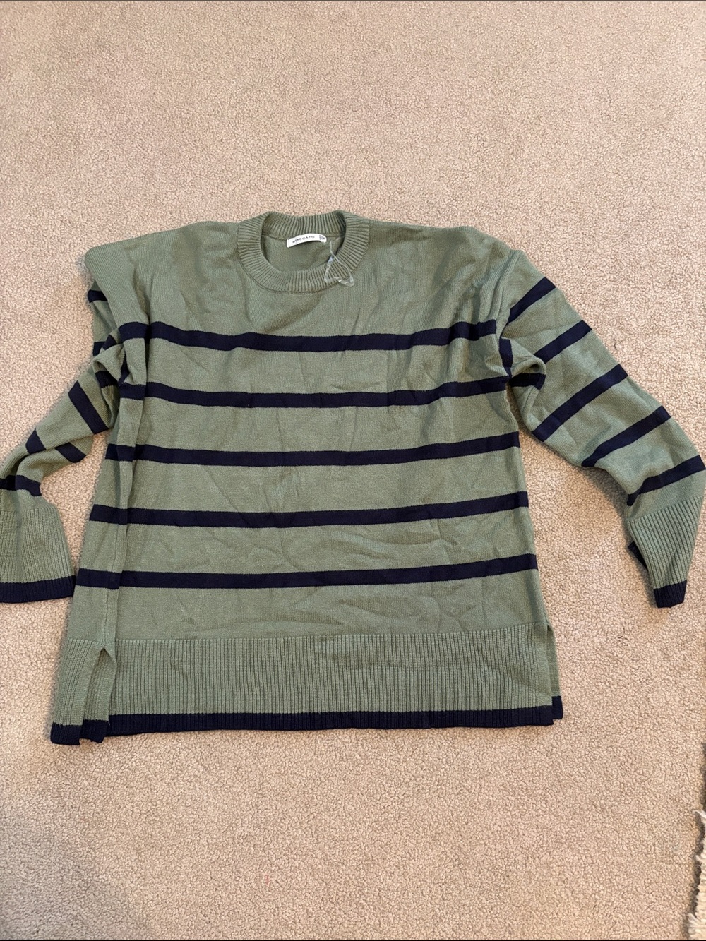 Staccato Olive Green and Navy Striped Crewneck Sweater